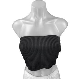 Kookai Women's Black Strapless Sleeveless Ribbed Knit Tube Bandeau Crop Top 1
